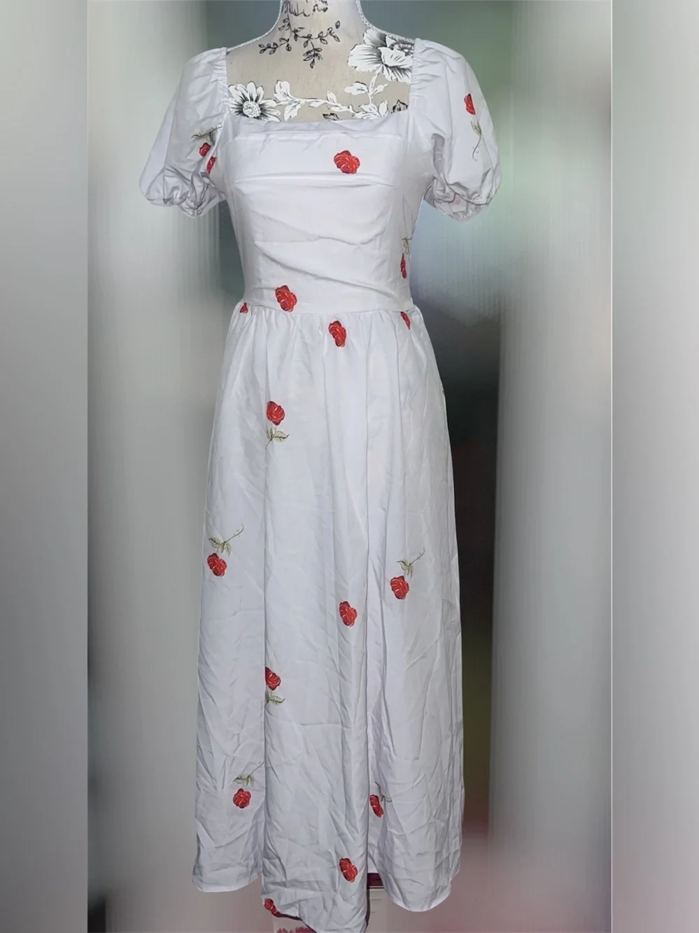 White Midi Dress with Red Rose Print - Puff Sleeve - Picture 2 of 4